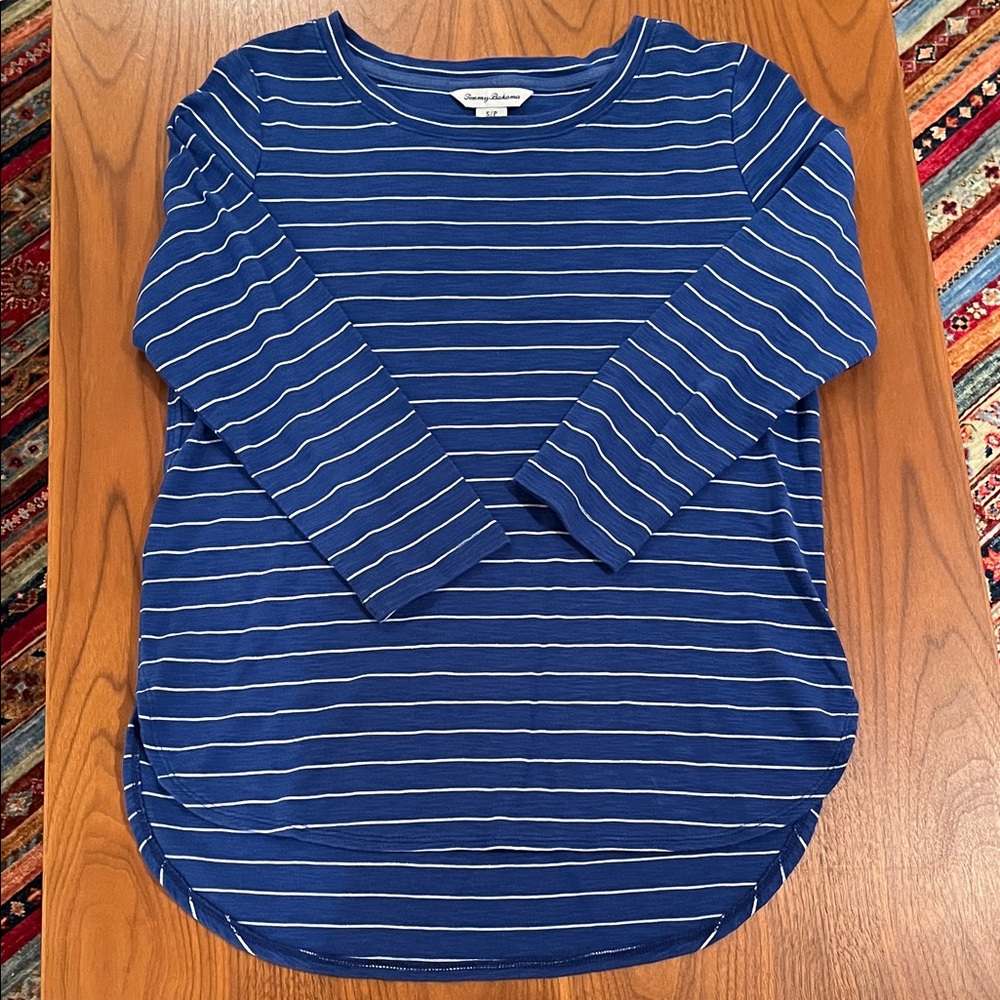 EUC Tommy Bahama Ashby Isles Blue with Metallic Stripe 3/4-Sleeve T-Shirt Sz S/P